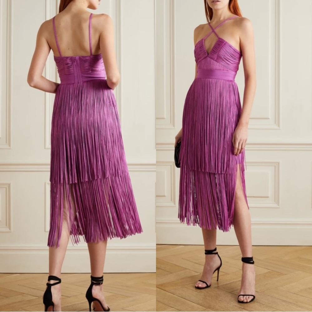 HERVE LEGER Plunging Strappy Fringe Dress